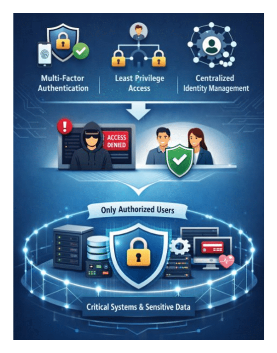 Infographic showing cyber security concepts: MFA, least privilege, centralized identity; then access denied screen and authorized users; bottom shield guarding critical systems and data.