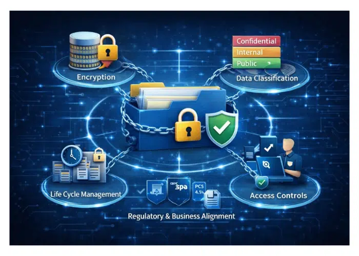 Central folder with a lock connected to icons, representing data security and governance.