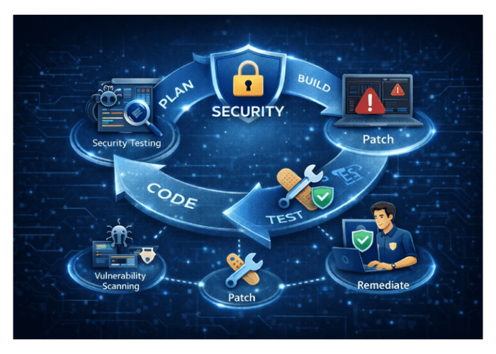 Circular security workflow with Plan, Build, Patch, Remediate, Test around a central shield with a padlock.