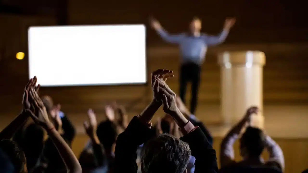Person on stage in front of audience clapping