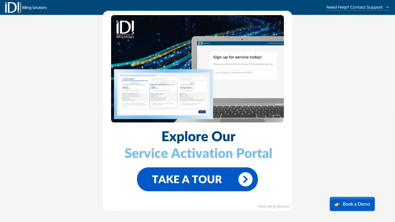 Promo modal promoting the Service Activation Portal with a 'TAKE A TOUR' call-to-action on a blue rounded button.