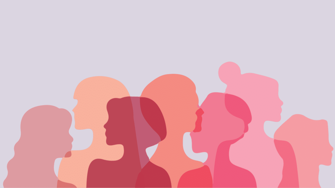conversationsthatshapecareers-blog Abstract illustration of overlapping human silhouettes in pinks and peaches against a light purple background, symbolizing diversity and community.