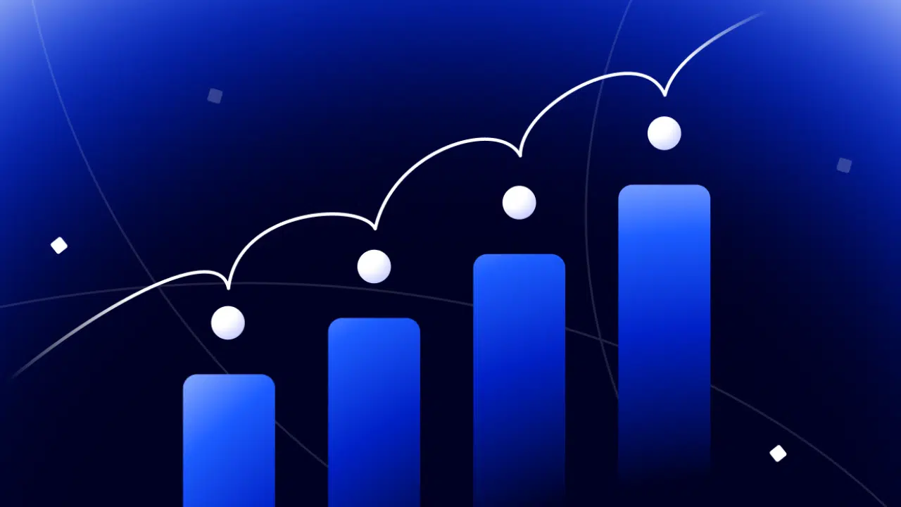 Blue bar chart showing growth with four ascending bars and a white curved trend line on a dark blue gradient background.