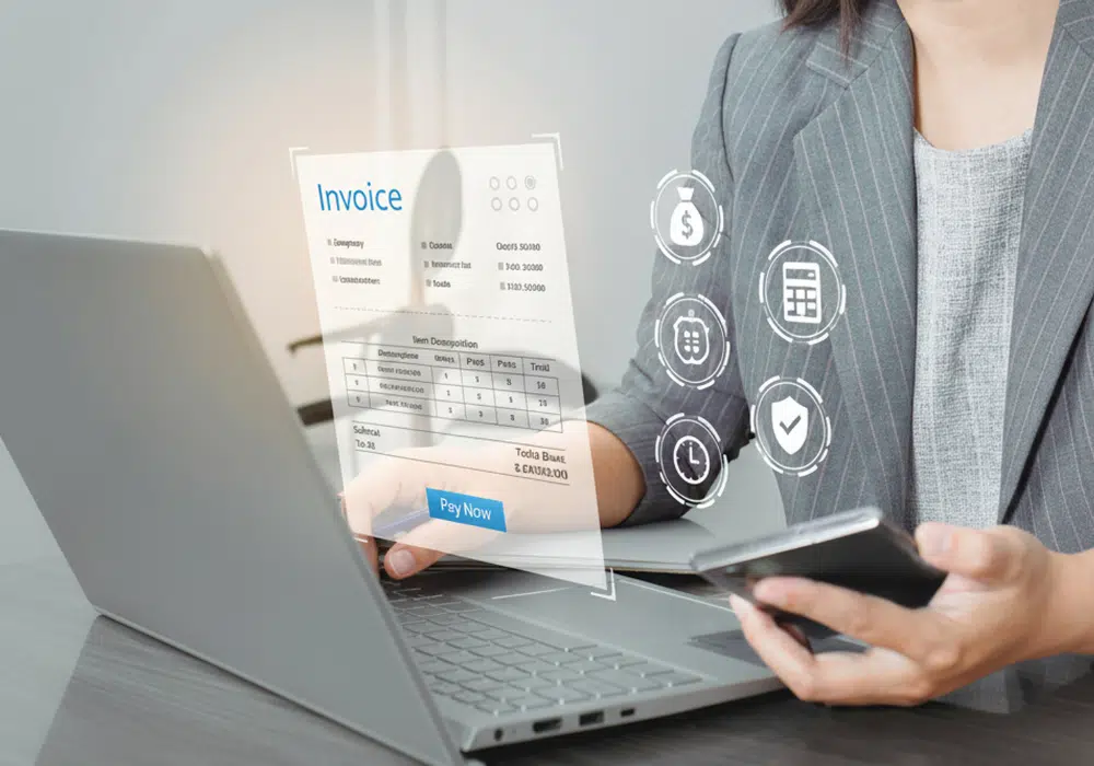 A person in a gray pinstripe blazer uses a laptop and smartphone with a translucent invoice and digital icons indicating payment and finance on the screen.