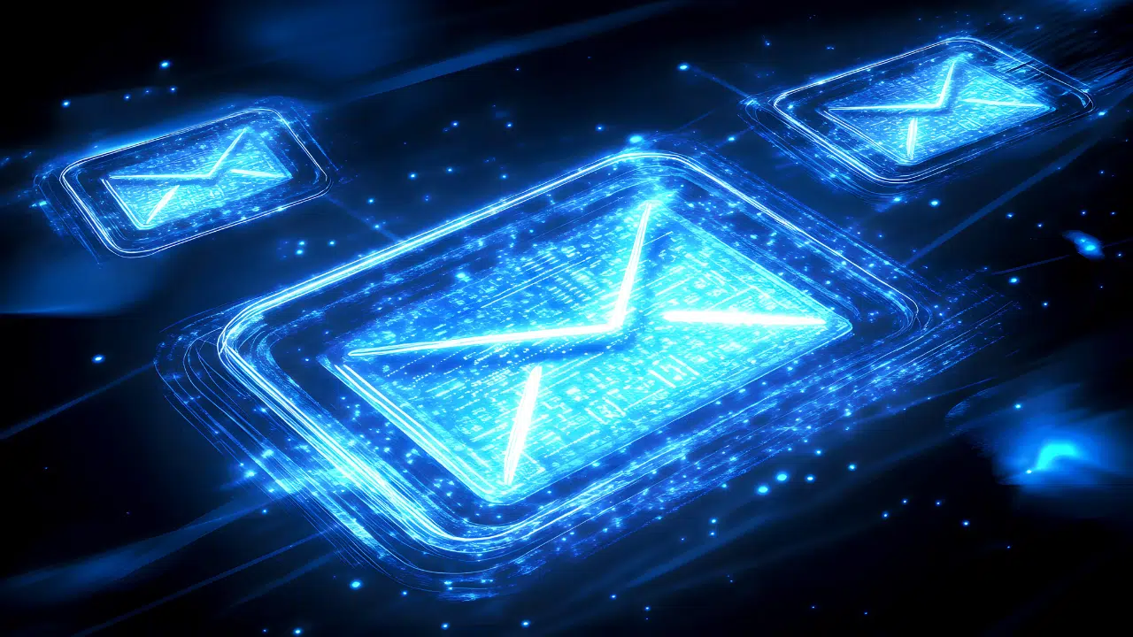 electronicinvoicedeliveryblog Glowing blue envelope icons floating in a digital space, representing email or messaging.